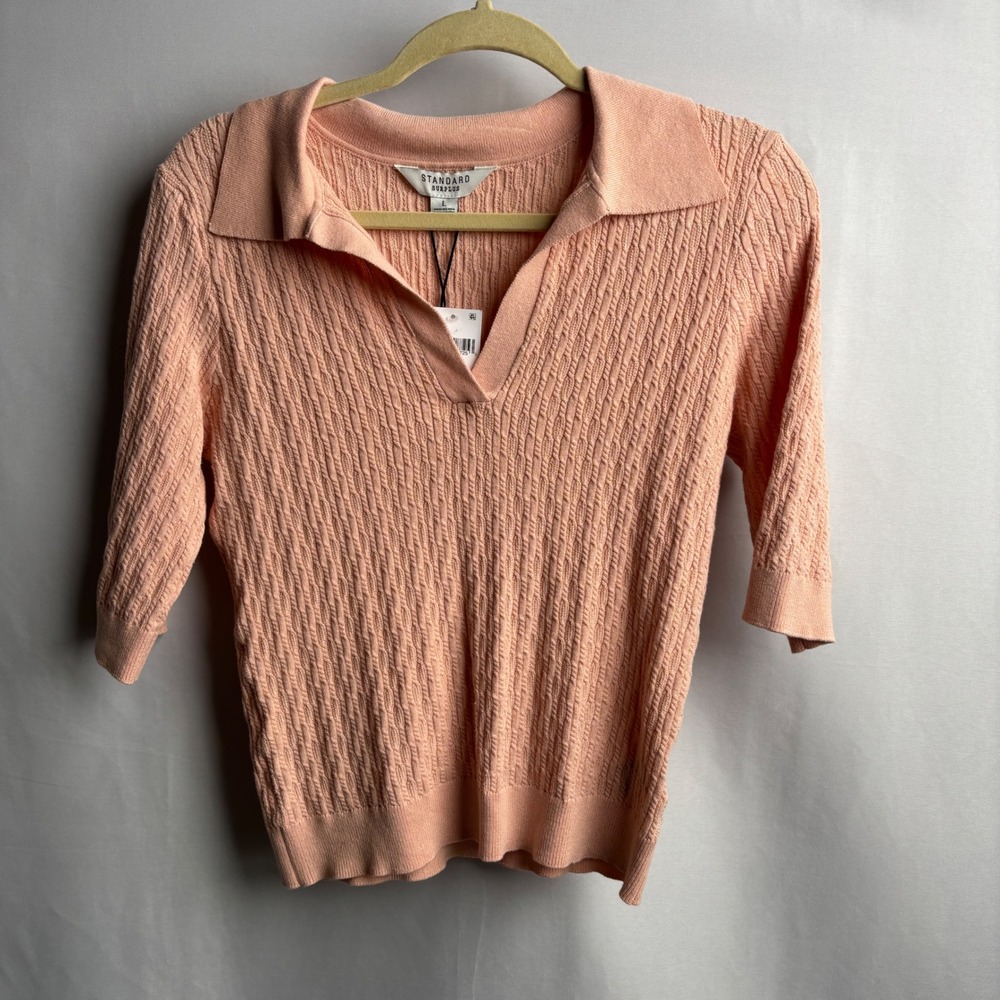 Standard Surplus Textured Polo Sweater Peach Pink Short‎ Sleeve V-Neck Top NWT L